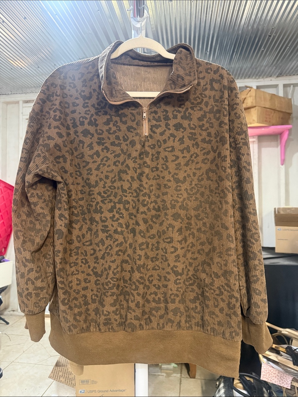 Women's Brown Leopard Quarter-Zip Pullover Sweatshirt